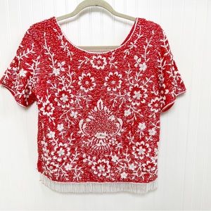 Fashionbar Vintage Red & White Fully Beaded Short Sleeve Formal Top Size Medium